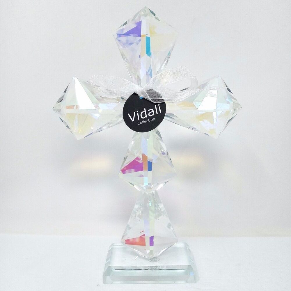 NWT Vidali Iridescent 8.5" Tall Crystal Cross Paperweight Wedding Baptism Decor